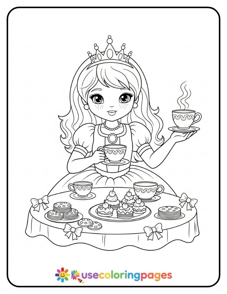 Princess at a Tea Party Coloring Page for Girls