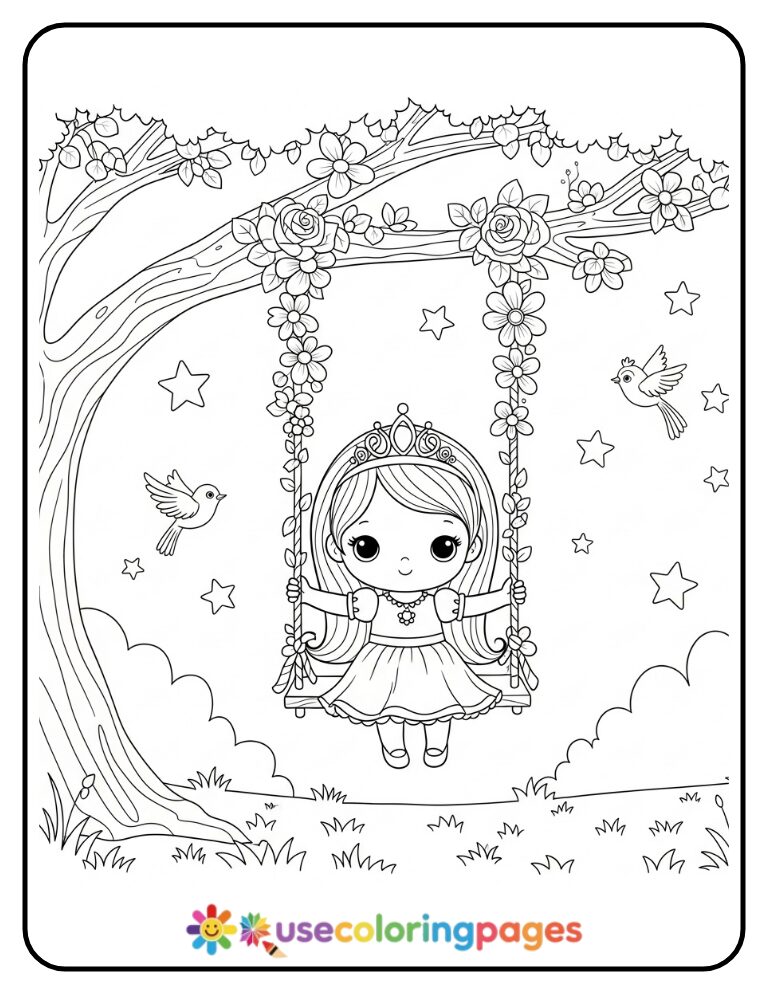 Princess on a Swing Coloring Page for Girls