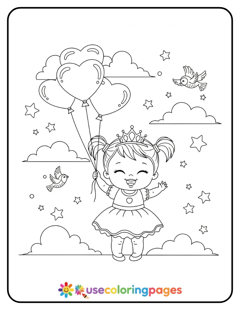 Princess with Heart Balloons Coloring Page for Girls