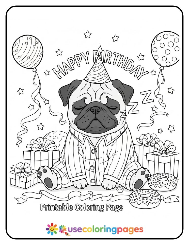 Pug in Birthday Pajamas Coloring Page