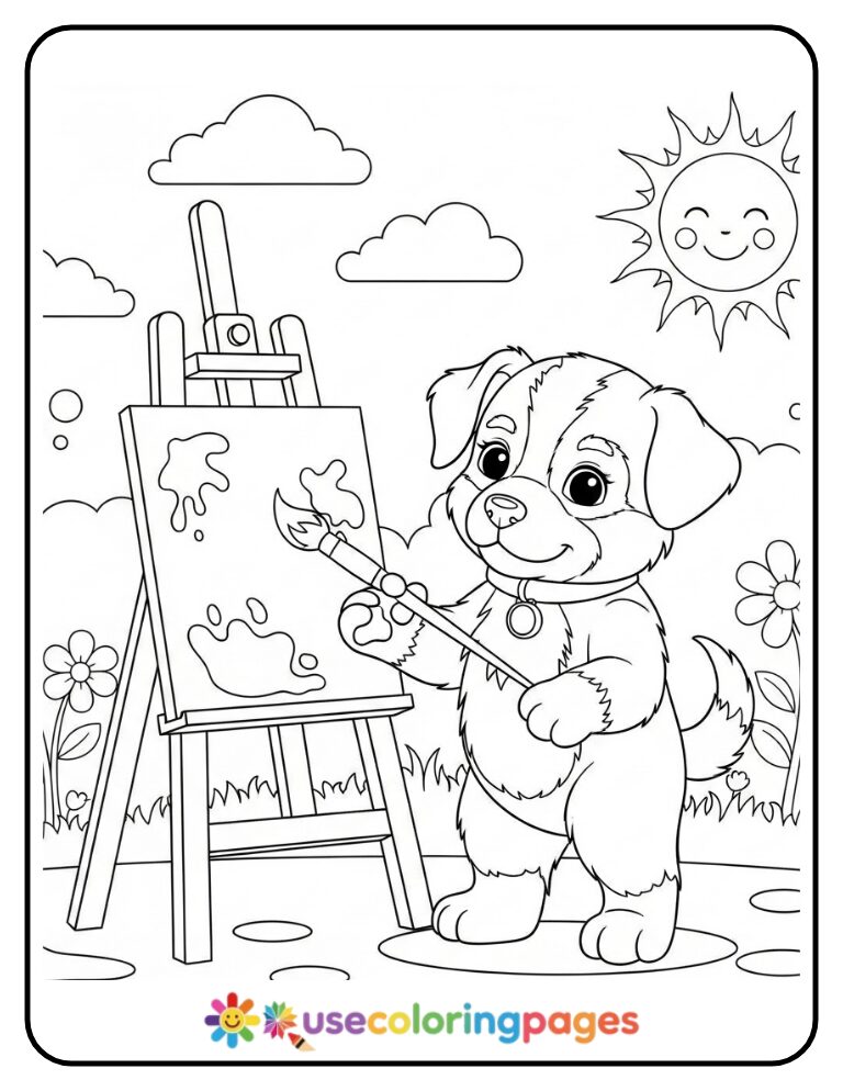 Puppy Painting a Picture Coloring Page