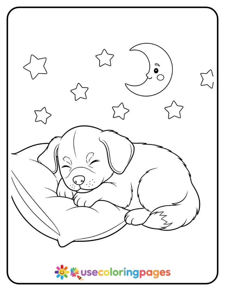 Puppy Sleeping on Pillow Coloring Page