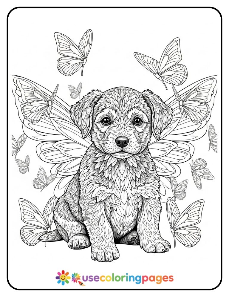 Puppy Surrounded by Butterfly Mandalas Coloring Sheet