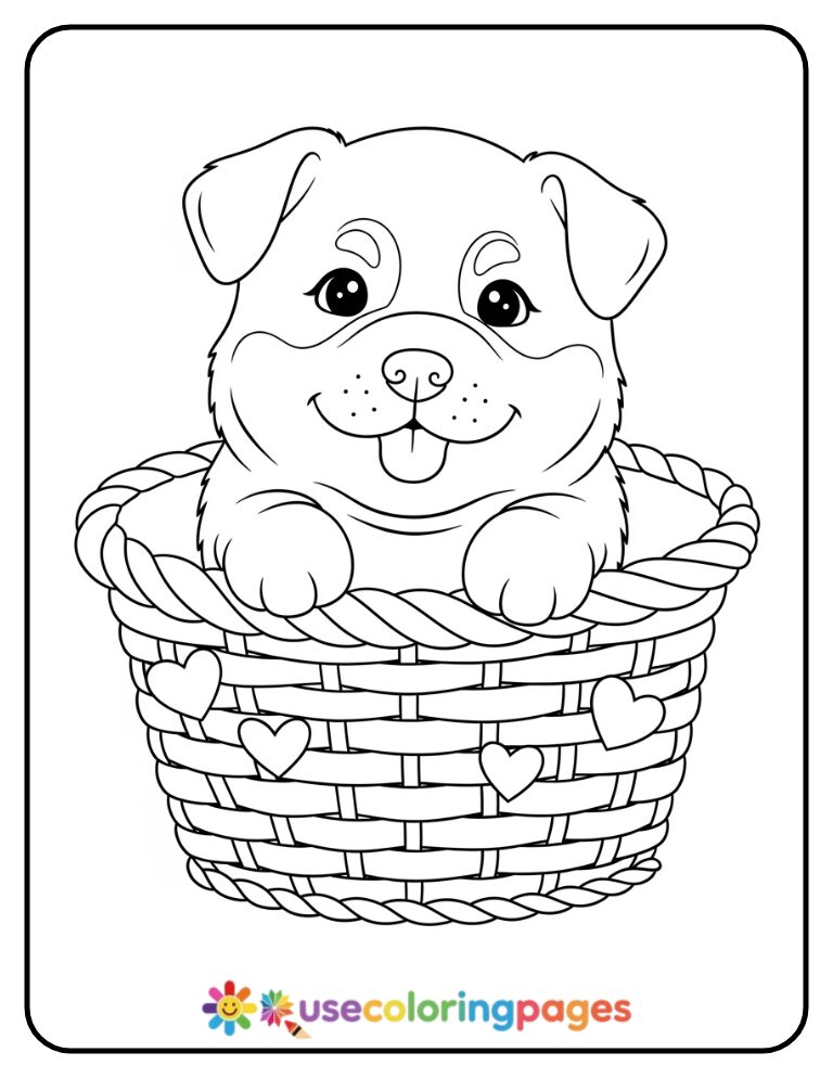 Puppy in a Basket Coloring Page