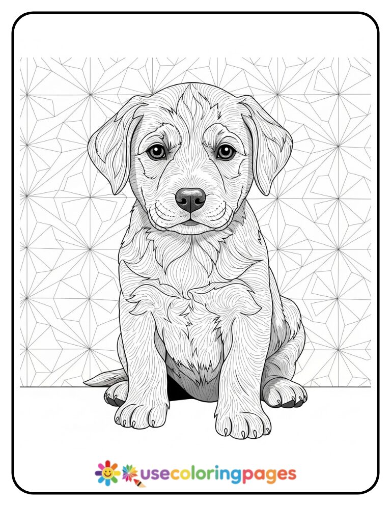 Puppy with Geometric Background Coloring Page