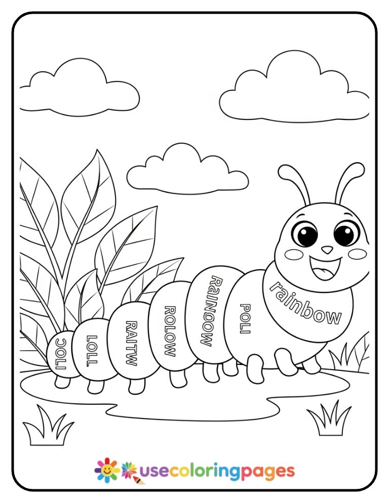 Rainbow Caterpillar With Color Word Body Segments Coloring Page