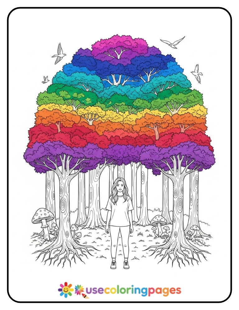 Rainbow Forest With Stylized Trees and Layered Canopy Coloring Page