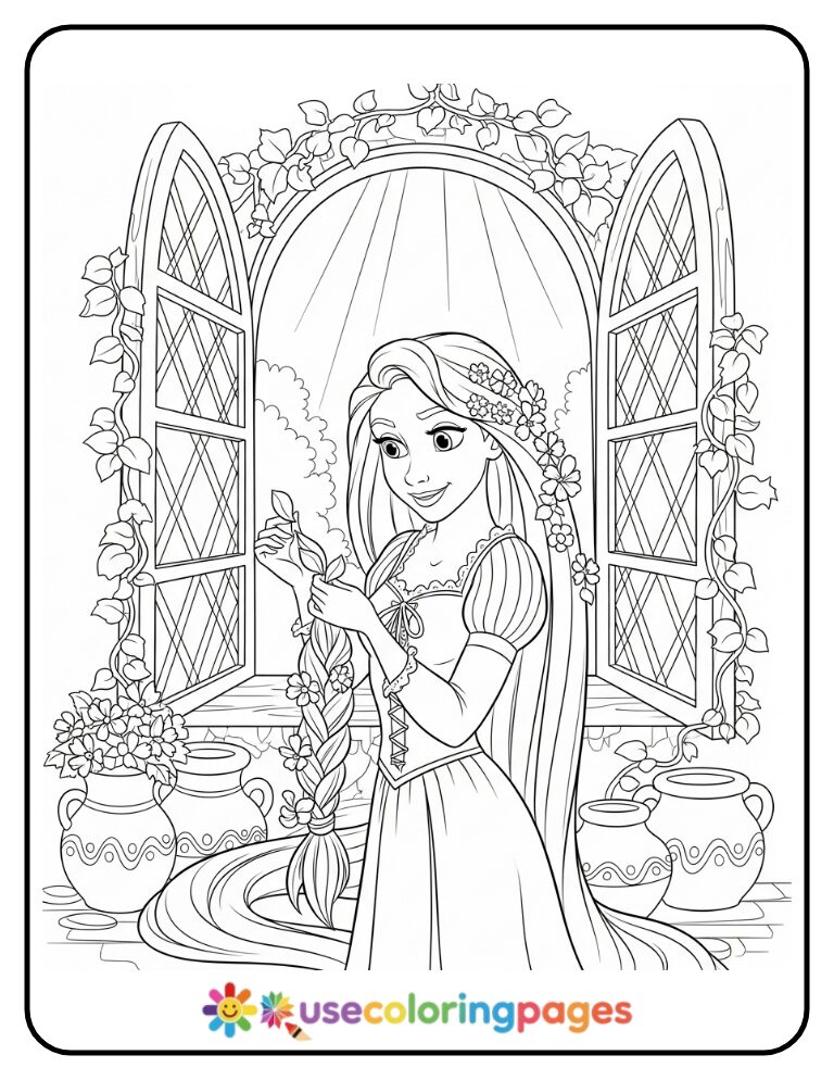 Rapunzel Braiding Flowers into Her Hair Coloring Page