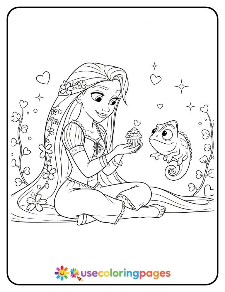 Rapunzel Feeding Pascal a Snack Coloring Page