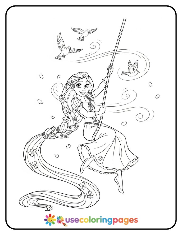 Rapunzel Swinging from Her Hair Coloring Page