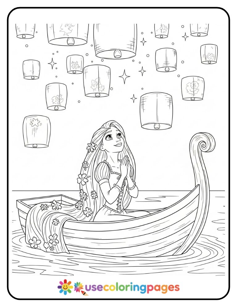 Rapunzel Watching Floating Lanterns Coloring Page