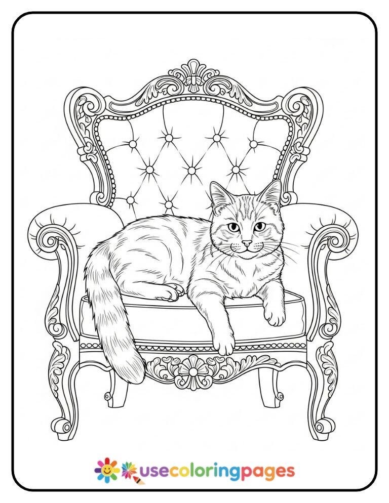 Realistic Cat on a Victorian Chair Coloring Page