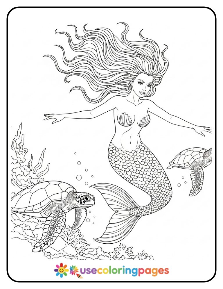 Realistic Mermaid Swimming with Turtles Coloring Page