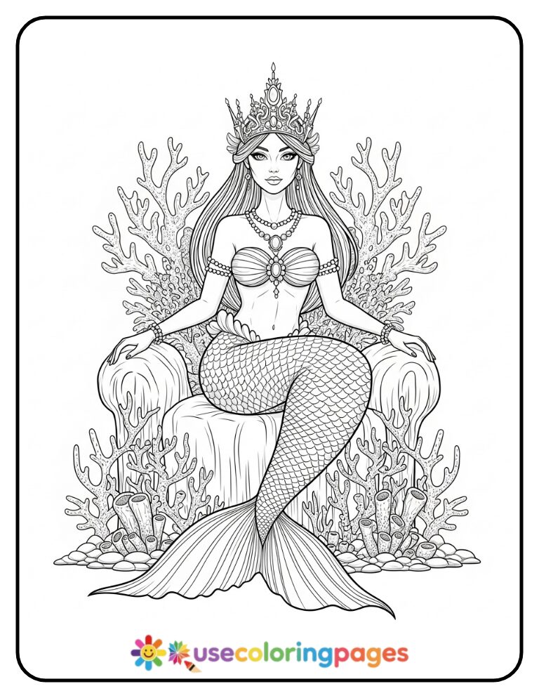 Realistic Mermaid on Coral Throne Coloring Page