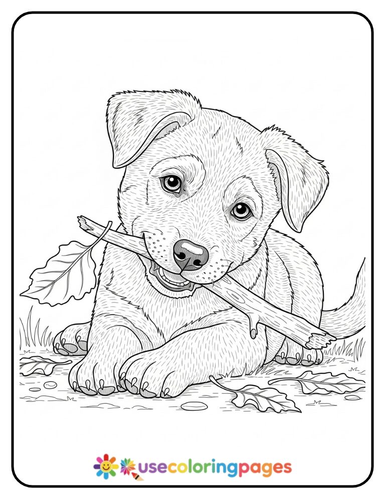 Realistic Puppy Playing with Stick Coloring Page