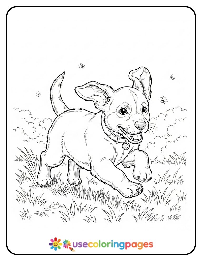 Realistic Puppy Running Through Field Coloring Page