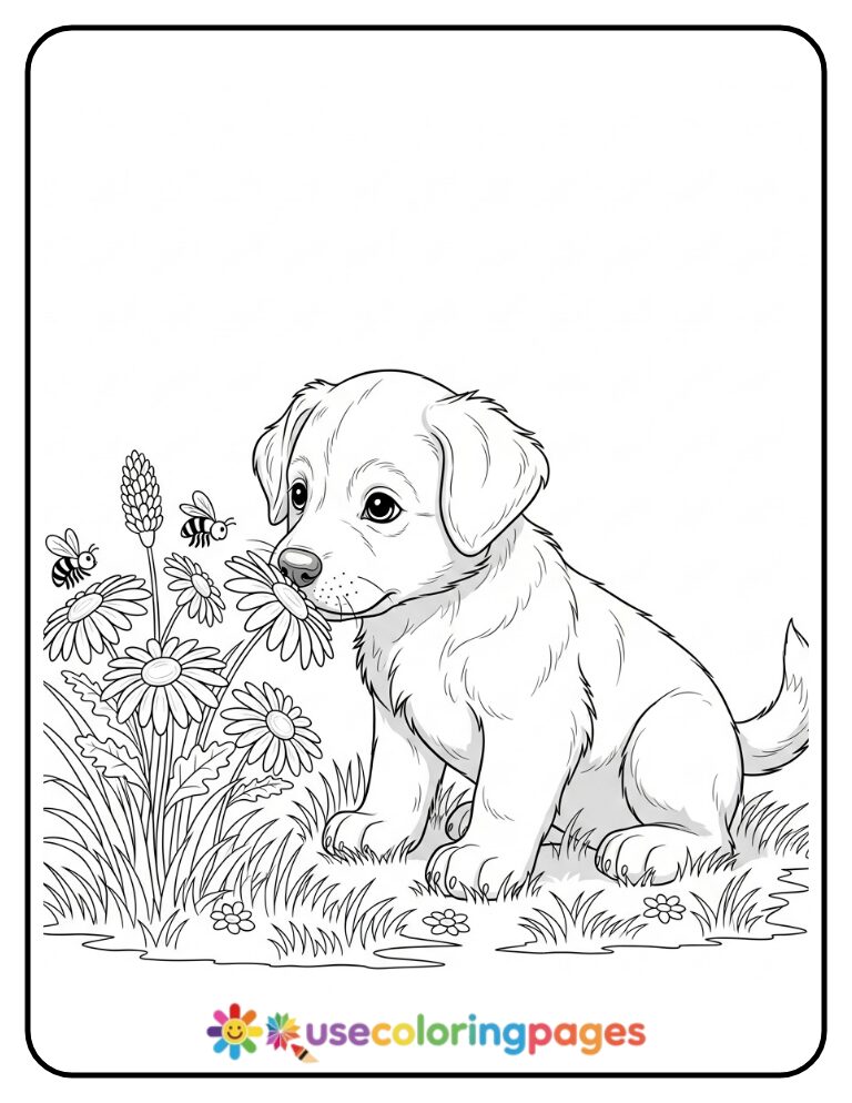 Realistic Puppy Sniffing Flowers Coloring Page