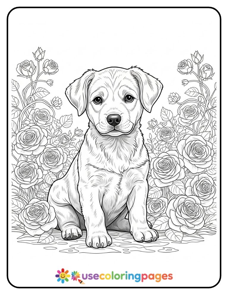 Realistic Puppy in Floral Garden Coloring Sheet