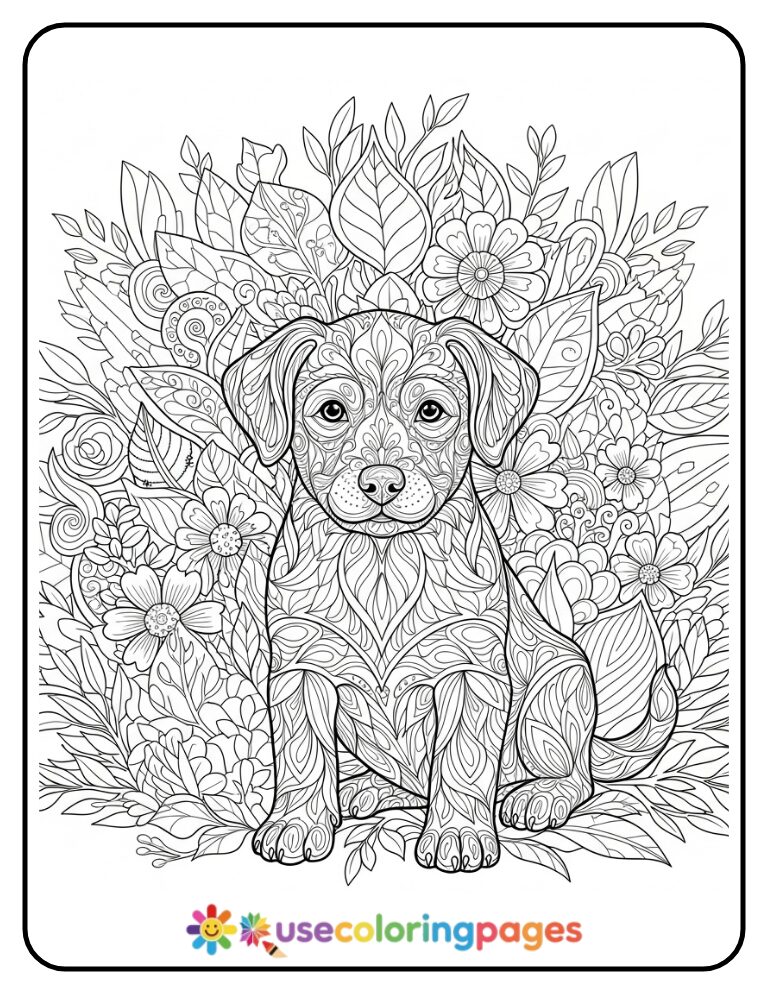 Realistic Puppy with Intricate Garden Coloring Page