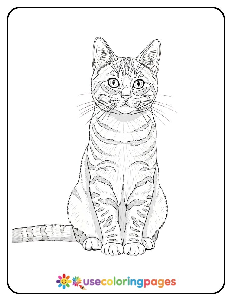 Realistic Sitting Tabby Cat Coloring Page