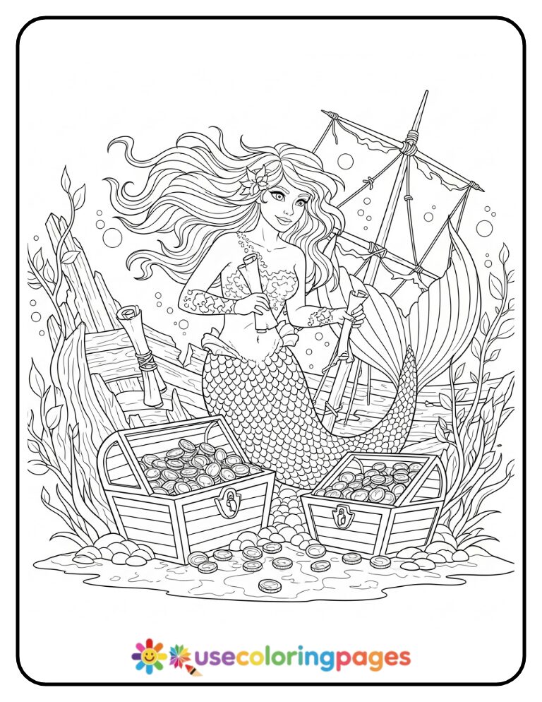 Red-Haired Mermaid Exploring a Shipwreck Coloring Page