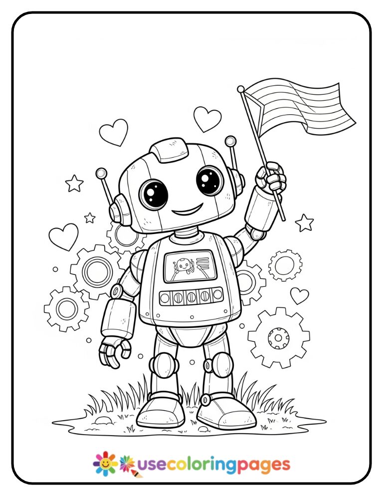 Robot Holding Rainbow Flag Coloring Page Printable