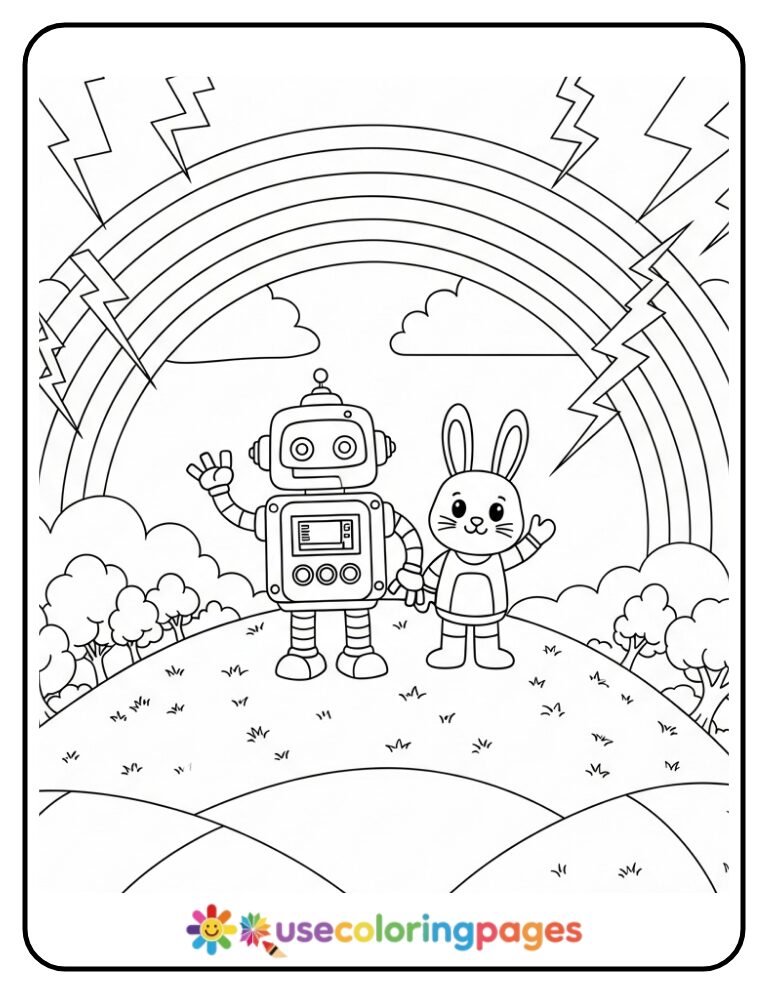 Robot and Bunny Waving From Rainbow Hilltop Coloring Page