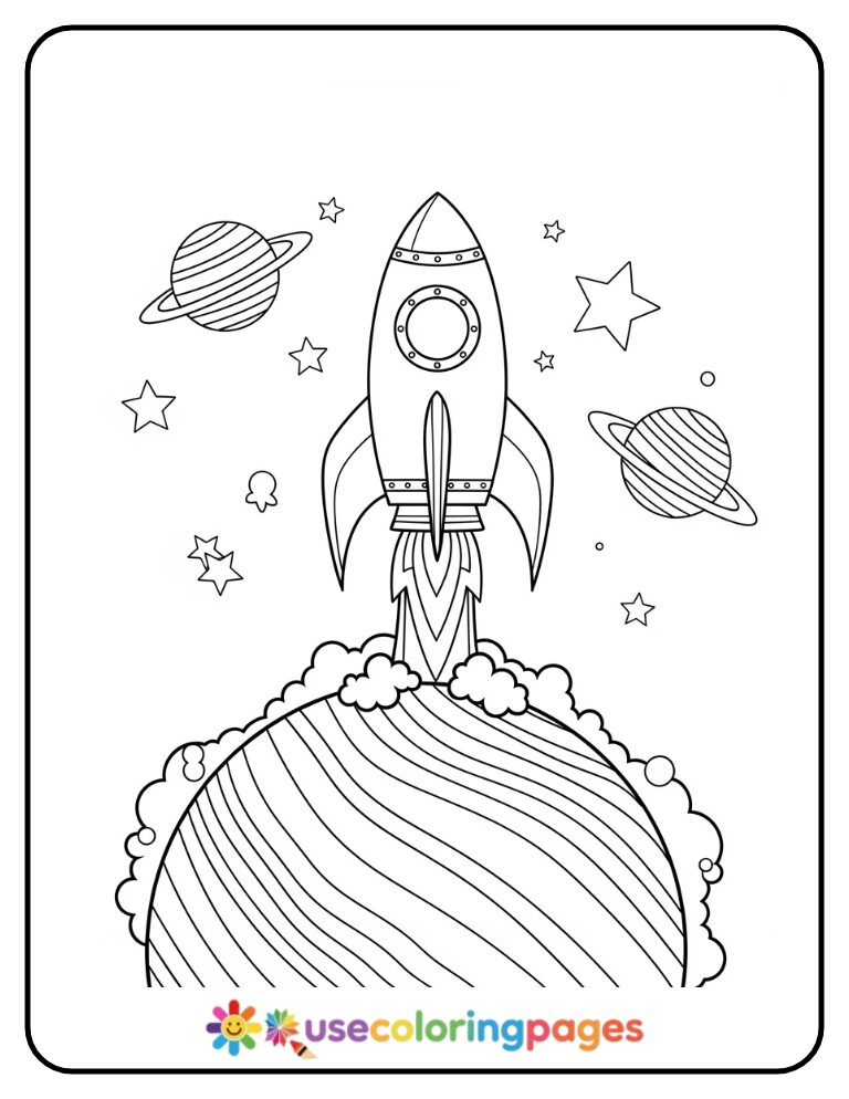 Rocketship Launching Over Rainbow Planet Coloring Page