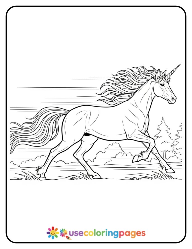 Running Unicorn with Windy Mane Coloring Page