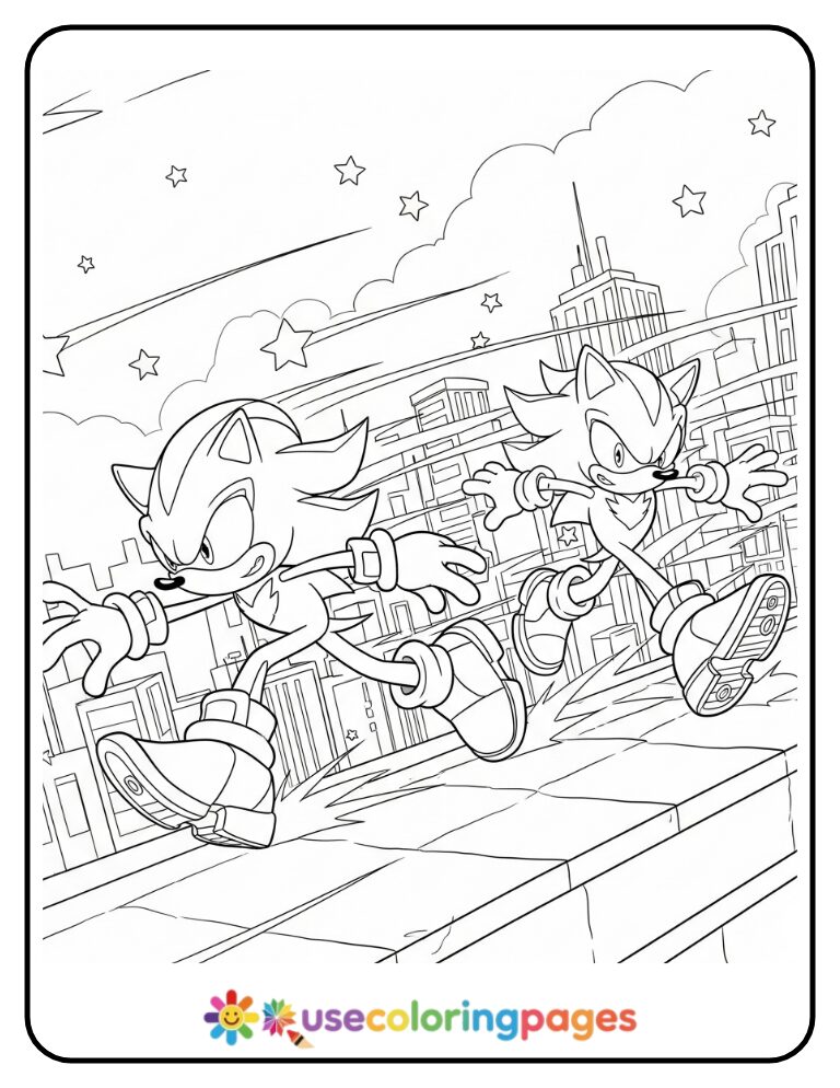Shadow Chases Sonic Through the City Coloring Page