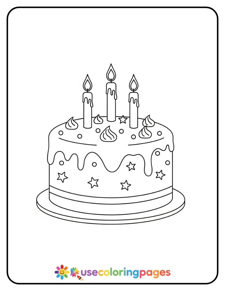 Simple Birthday Cake With Stars Coloring Page