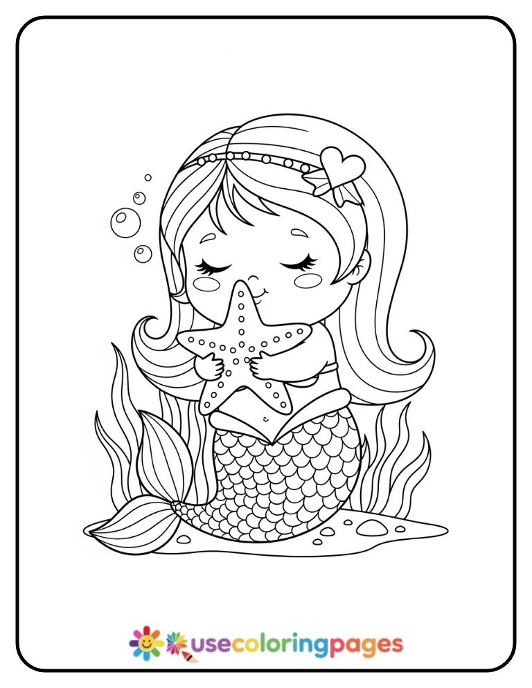 Simple Mermaid Hugging Starfish Coloring Page