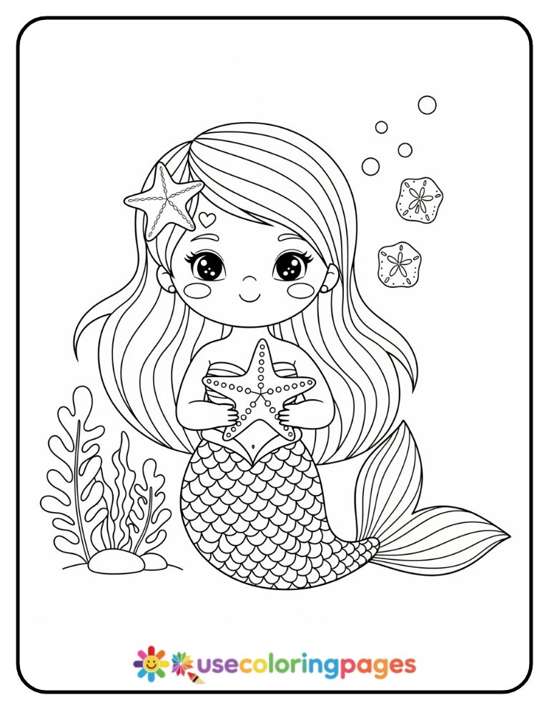 Simple Mermaid with Starfish Coloring Page