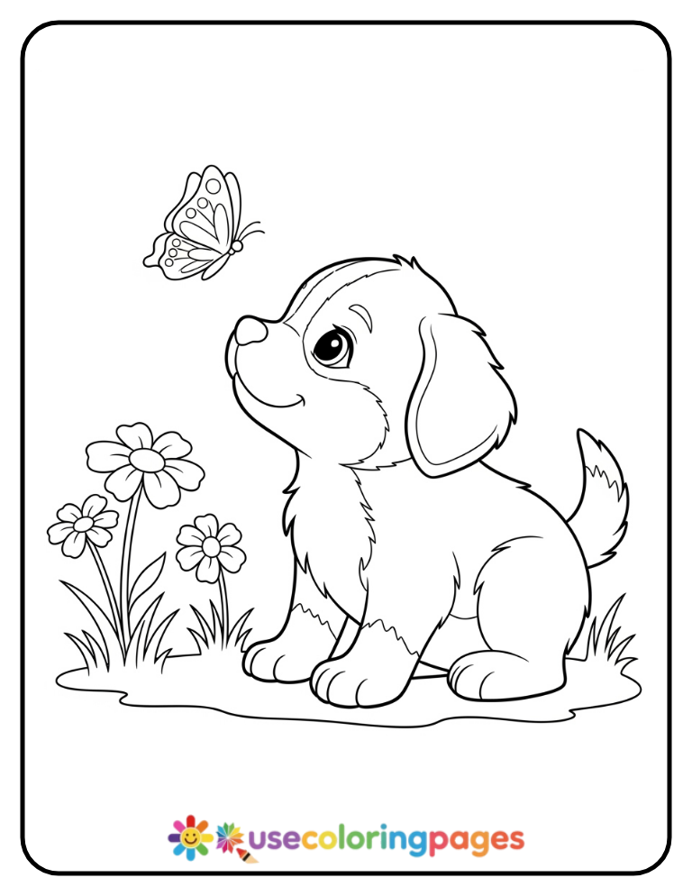 Simple Puppy with Butterfly Coloring Page for Kids