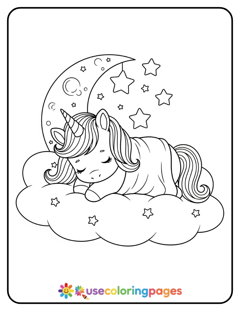 Sleeping Baby Unicorn with Dream Cloud Coloring Page