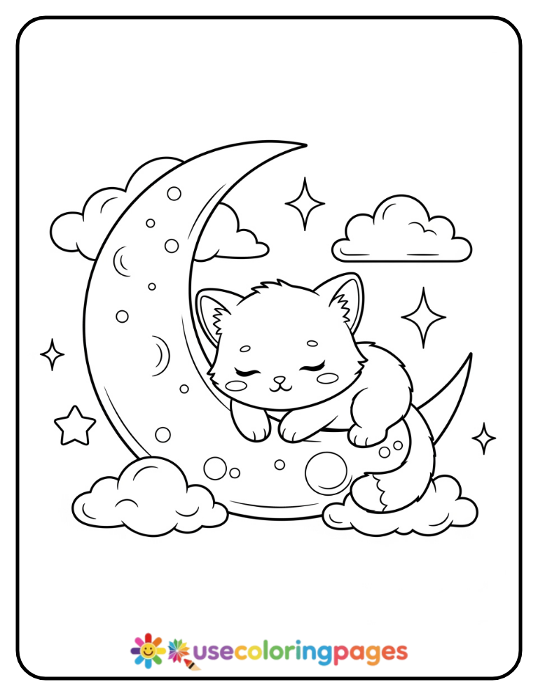 Sleeping Cat on Moon Coloring Page Printable
