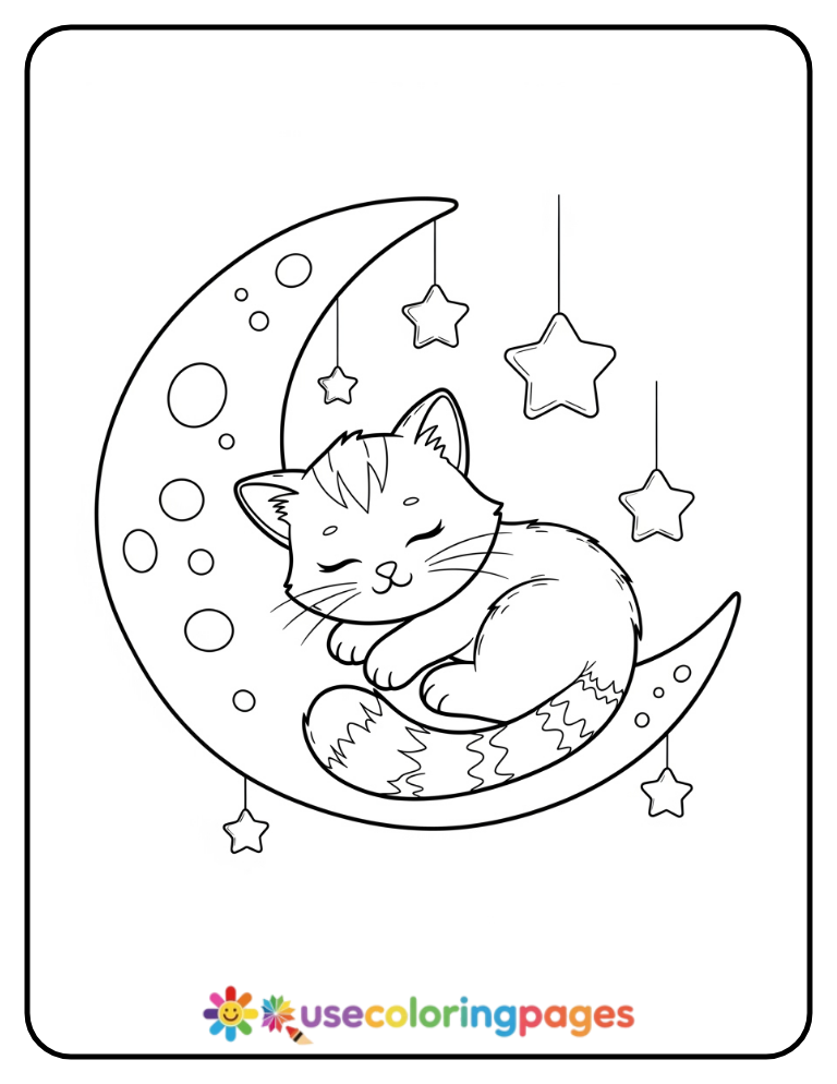 Sleeping Cat on a Moon Coloring Page
