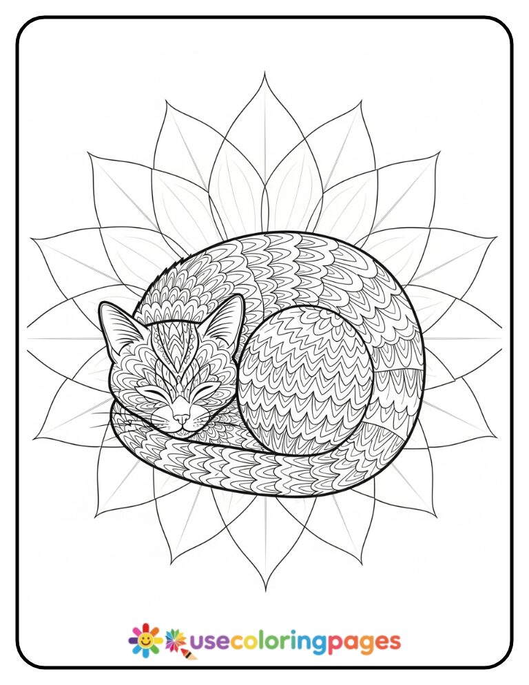 Sleeping Mandala Cat in Lotus Pose Coloring Page