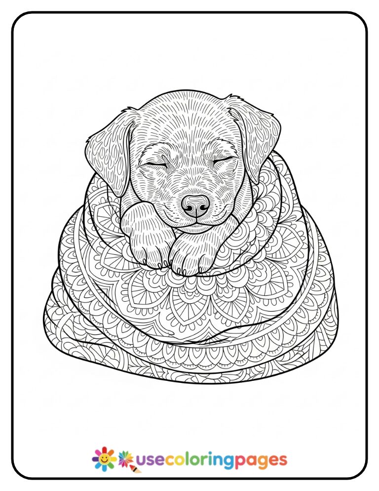 Sleeping Puppy in Mandala Blanket Coloring Page