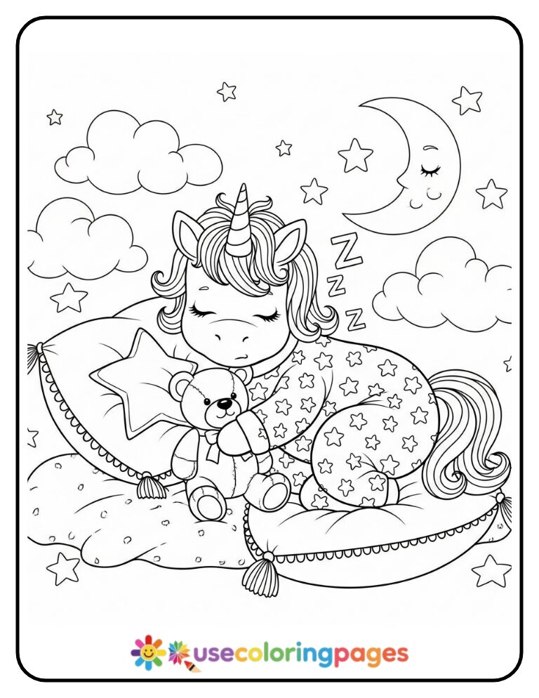 Sleeping Unicorn in Pajamas Coloring Page for Kids