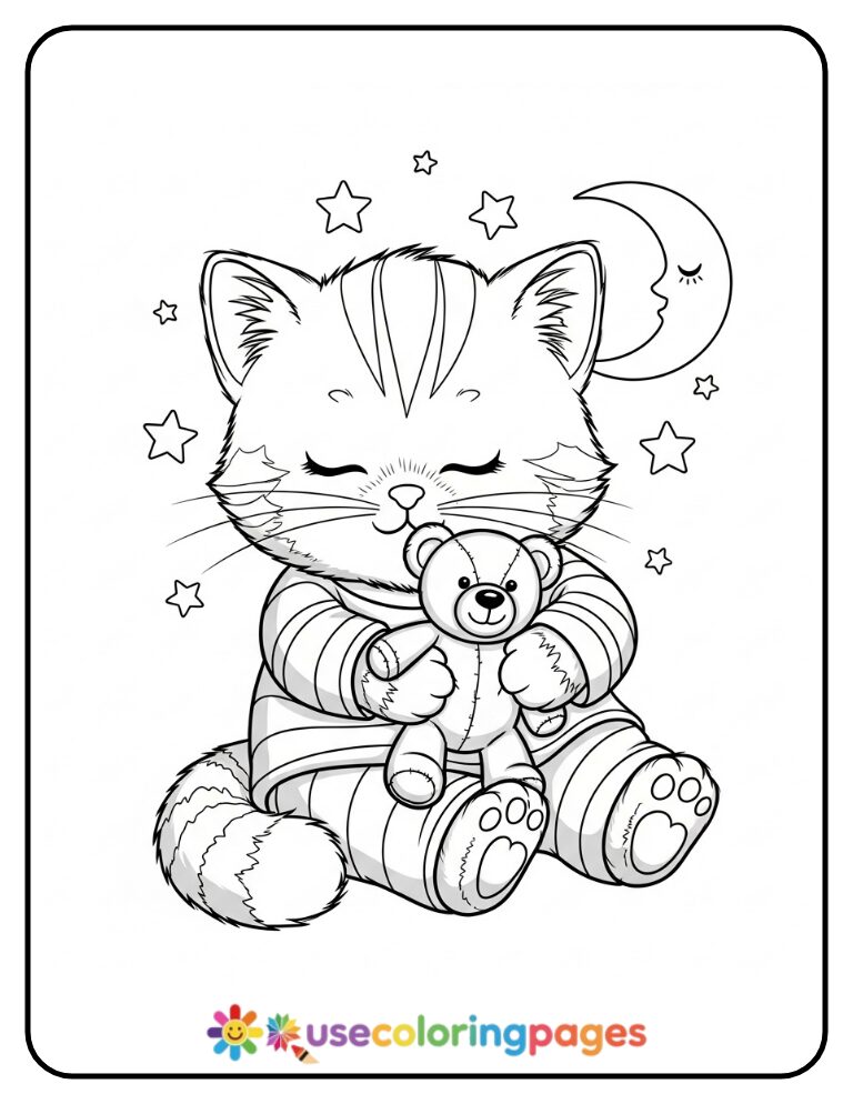 Sleepy Kitten in Pajamas Coloring Page