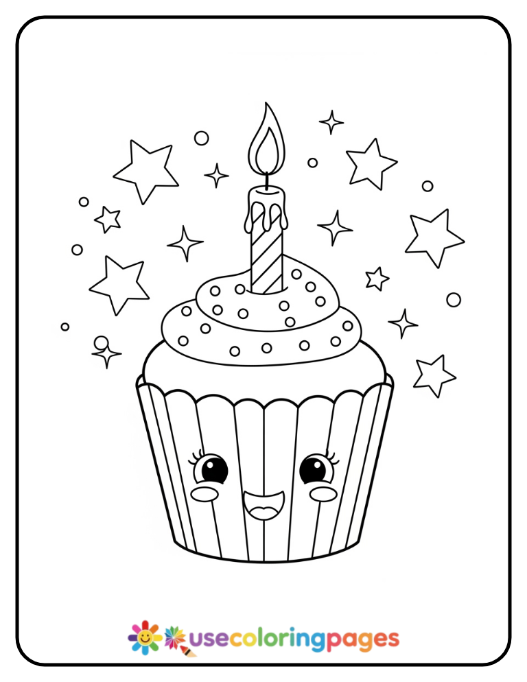 Smiling Cupcake With Candle Coloring Page