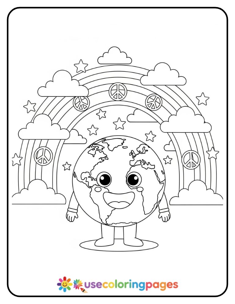 Smiling Earth Under Rainbow Canopy Coloring Page