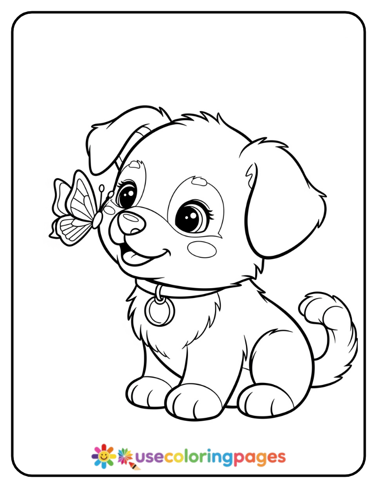 Smiling Puppy with Butterfly Coloring Page