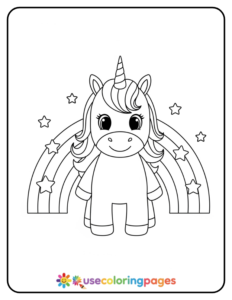 Smiling Unicorn with Rainbow Coloring Page Easy