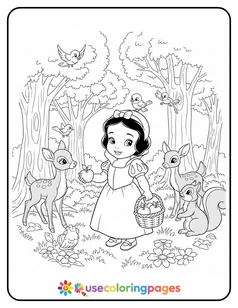 Snow White Feeding Forest Animals Coloring Page