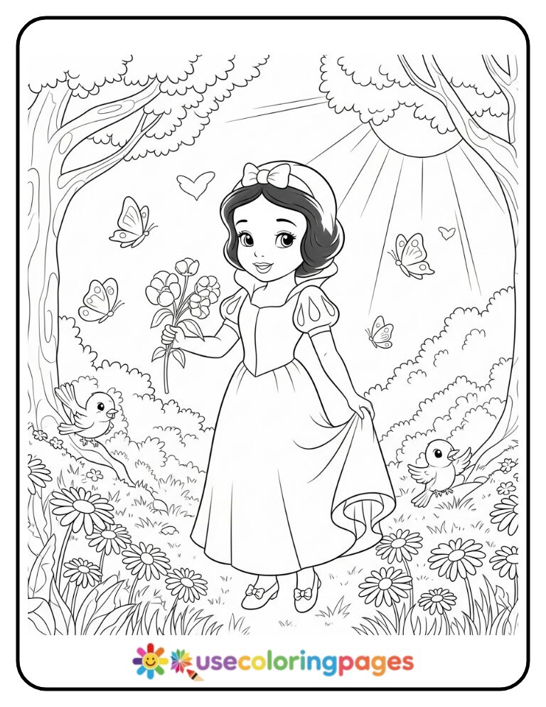 Snow White Picking Flowers in the Meadow Coloring Page