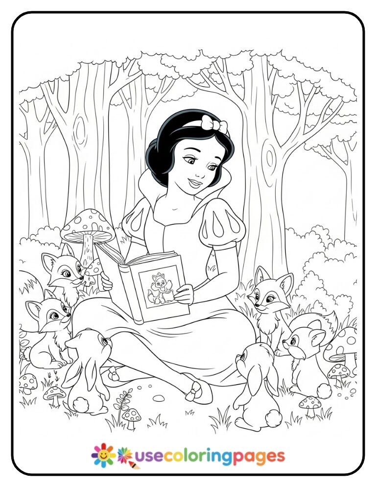 Snow White Reading to Baby Animals Coloring Page