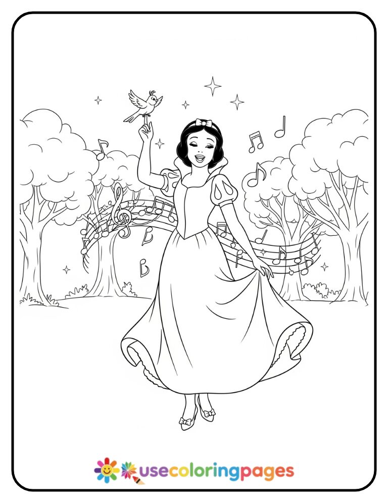 Snow White Singing with a Bird on Her Finger Coloring Page