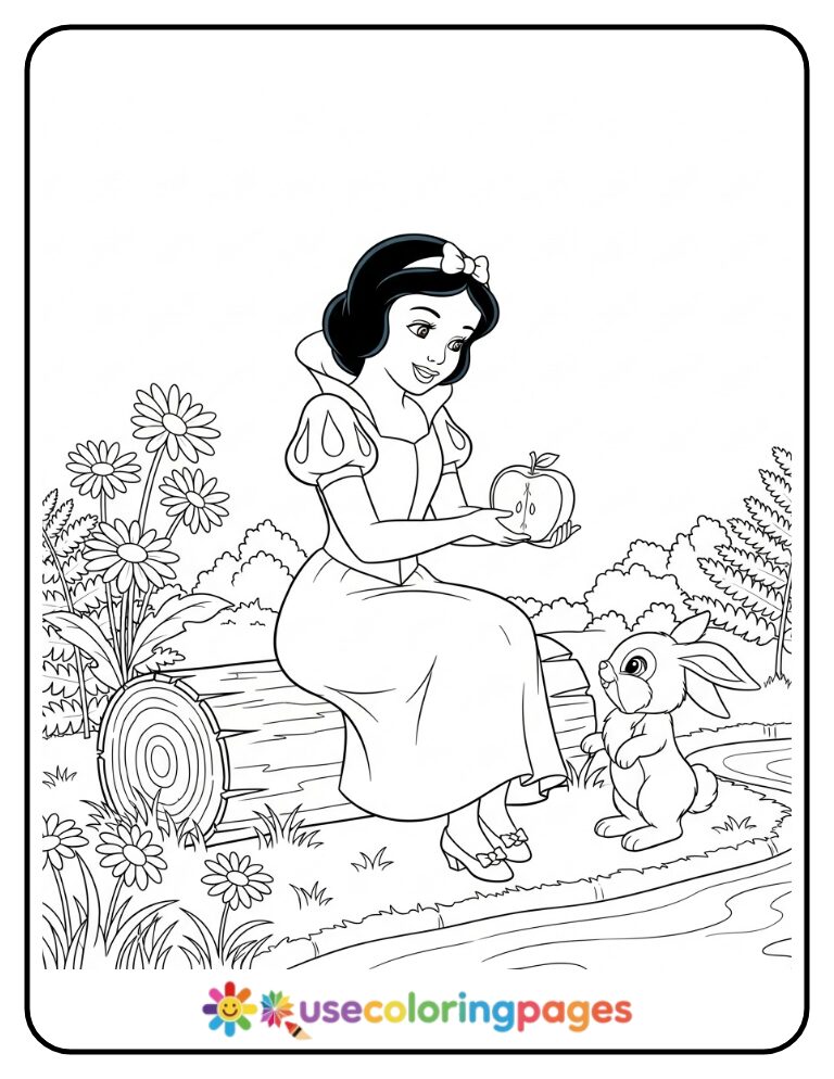 Snow White and a Bunny Sharing an Apple Coloring Page